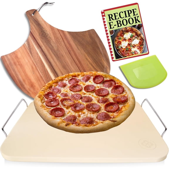 Pizza Stones for Oven and Grill - Pizza Stone with Handles, Wooden Peel and Dough Tool - 15 inch x 12 inch Rectangular Pizza Grill Stone - for Bread - Pizza Making Set