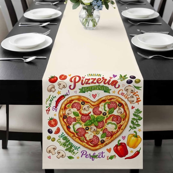 Pizza Table Runner, Watercolor Cartoon Vegetables Pizza Beige Washable Cotton-linen Table Runners Dining Kitchen Decoration for Everyday Home Wedding Party Decor, 13 x 36 Inch