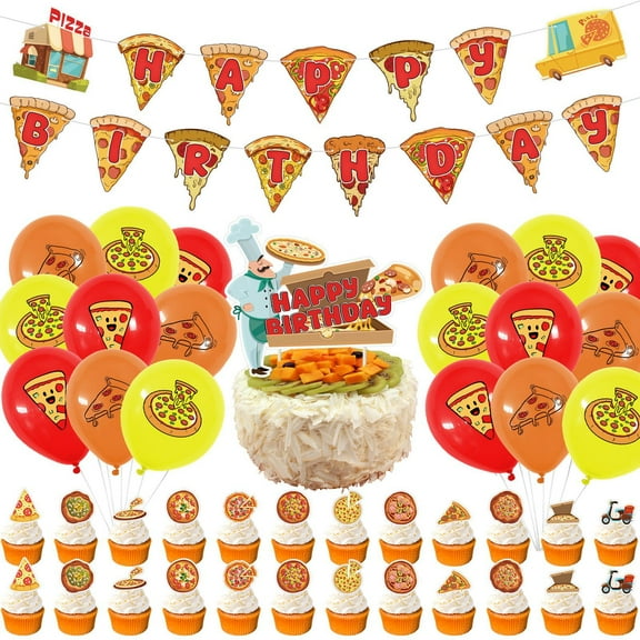 Pizza Theme Children's Birthday Party Decoration Set Banner Flags Paper Flags Cake Toppers Balloons Set
