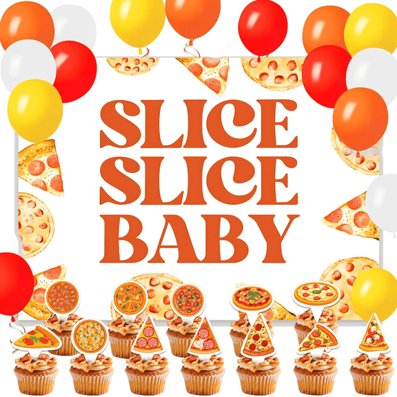 Pizza Theme Party Decorations Set - Slice Slice Design with Backdrop, Balloons & Cupcake Toppers