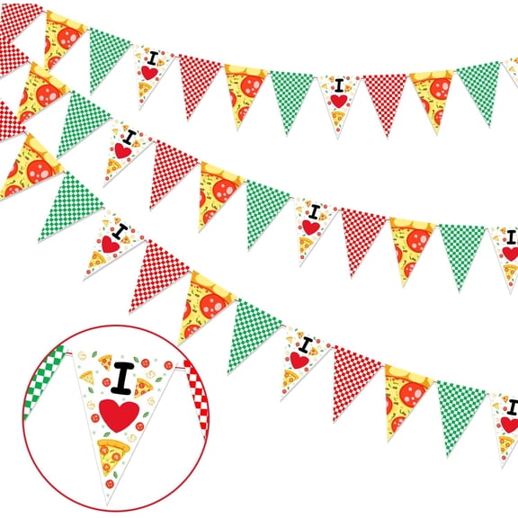 Pizza Themed Pennant Garland Banner Fast Food Theme Party Decorations I Love Green Red Checkered Triangle Bunting Flag Banners for Pizza Themed Birthday Baby Shower Party Decor Supplies