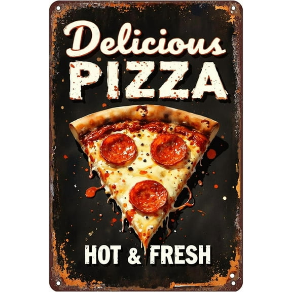 Pizza Tin Sign Wall Decor - 12x8 Inch Tin Metal Retro Style Wall Art for Restaurant, Pizzeria, Kitchen, Food Lovers Gift for Pizza Enthusiasts