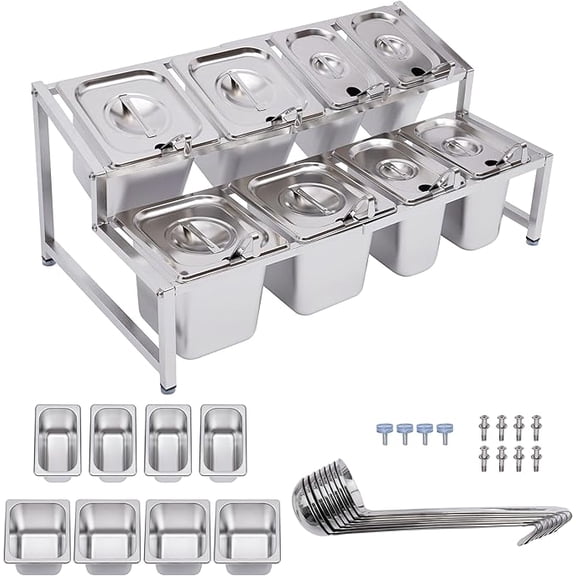 Pizza Topping Station with 4 Pans& Lids, Stainless Steel Food Container Pans Condiment Dispenser Countertop Spice Rack Organizer Shelf Holder for Seasoning Sauce Salad Jam Fruits Ingredients