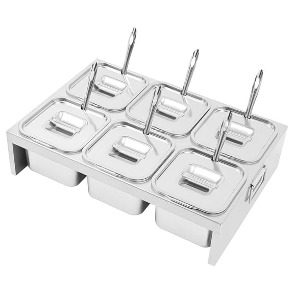 Pizza Topping Station - 6 Compartment 2.5Qt Stainless Steel Condiment Containers with Lids & Spoons, Condiment Trays for Prepping Ingredients and Toppings