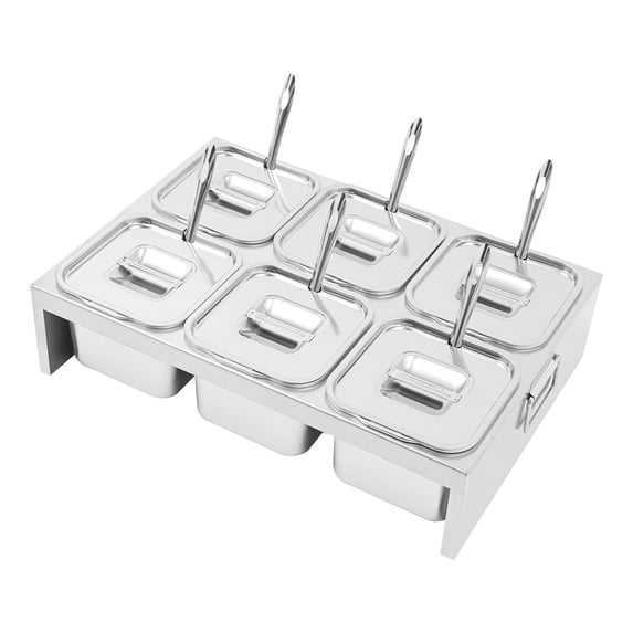 Pizza Topping Station with 6 x 2.5Qt Containers, Stainless Steel Condiment Toppings Containers with Lids and Spoons, Spice Seasoning Organizer Condiment Tray for Kitchen Restaurant