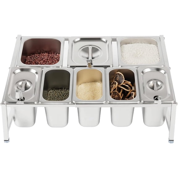 Pizza Topping Station Stainless Steel Spice Organizer 8 Pans Condiment Containers with Lid & Ladles Seasoning Serving Tray Retractable Inclined Holder for Ingredients (5x1/9 Pans, 3x1/6 Pans)