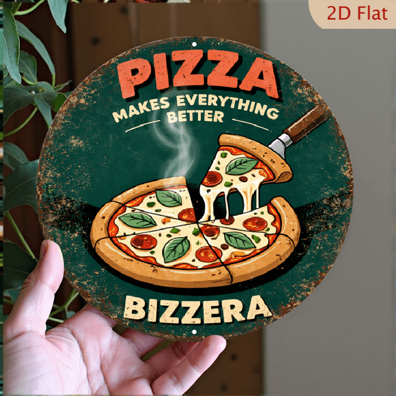 Pizza Wall Art Retro Metal Sign, Distressed Round Aluminum Decor for Kitchen or Diner, 8x8 Inch