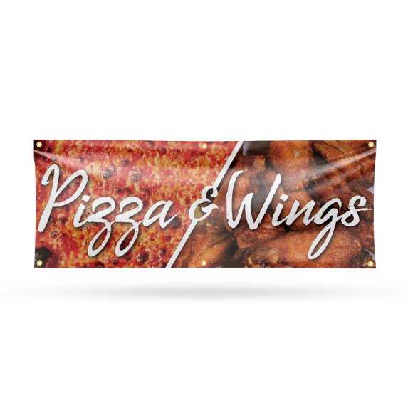 Pizza and Wings Banner Sign 24 Inch x 72 Inch | 13 oz Vinyl with Metal Grommets | Heavy-Duty Single-Sided Outdoor Durable Printed High-Quality Weatherproof | Made in the USA