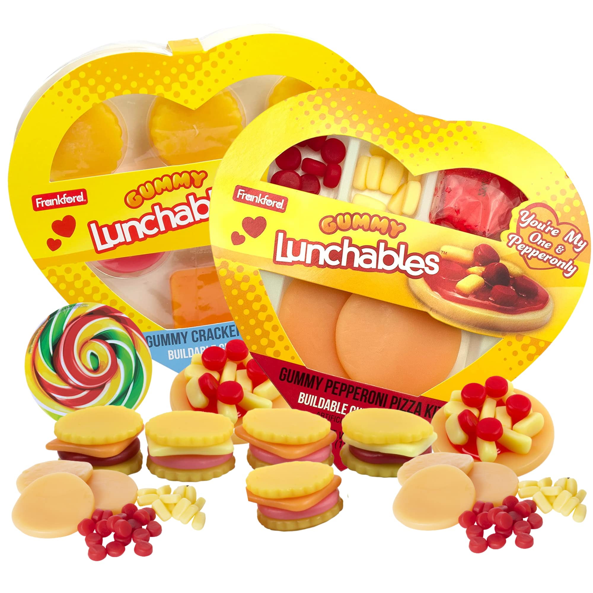 Pizza and Cheese and MMF7 Cracker Gummy Lunchables, Valentine's Day