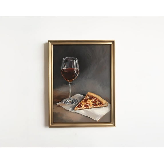 Pizza and Red Wine Art Print: Nostalgic Cute Still Life Food Oil Painting, Slice of Pepperoni, Trendy Quirky Girl Dinner Gift, Vintage Look.