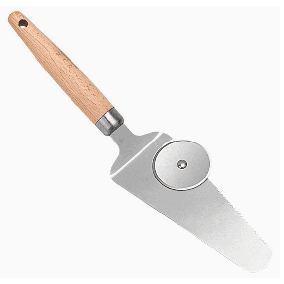 Pizza knife and spatula | Stainless steel wheel slicer with pointed server | Anti slip short handle | Easy to use cake, pie, and pastry dual-use kitchen tool, 10.7 inches