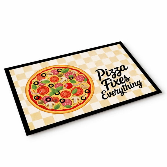 Pizzas Door Mat Retro Pizzas Art Vintage Yellow Plaid Black Borderlines Non Slip Absorbent Entrance Mat Washable Low Profile Indoor Doormat for Front Door Entryway Entry 16"x24"