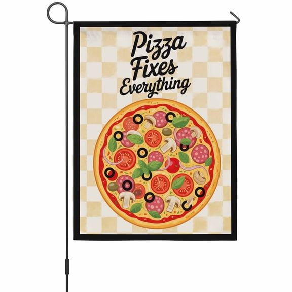Pizzas Garden Flag 12 x 18 Inches, Retro Pizzas Art Vintage Yellow Plaid Black Borderlines Weather Proof Outdoor Patio Flags Double Sided Small Garden Decoration for Yard Outside Home