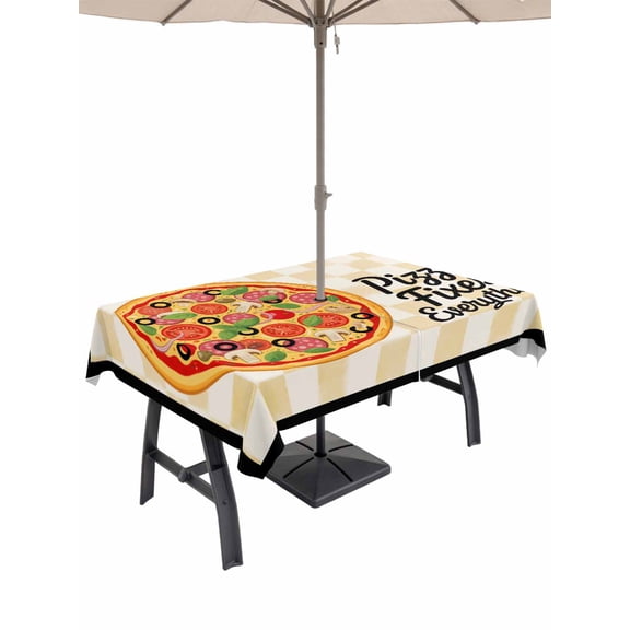 Pizzas Outdoor Rectangle Tablecloth with Umbrella Hole 60"x84", Retro Pizzas Art Vintage Yellow Plaid Black Borderlines Waterproof Zippered Table Cloth Wrinkle Free Wipeable Desk Covers for Patio
