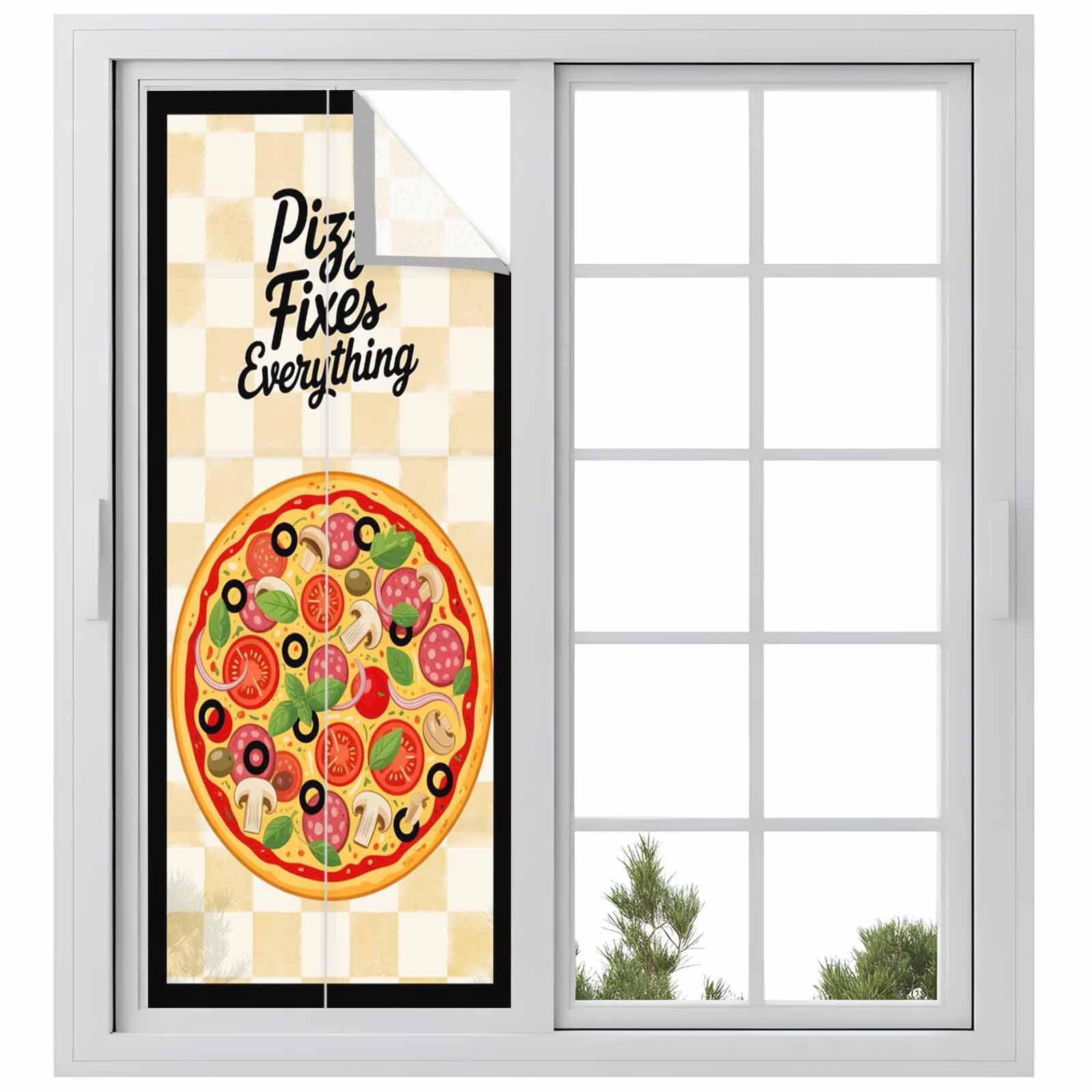 Pizzas Window Privacy Film, Retro Pizzas Art Vintage Yellow Plaid Black Borderlines Frosted Glass Window Clings Static Cling UV Heat Blocking Reusable Door Sticker for Bathroom 23.6 x 59 Inch