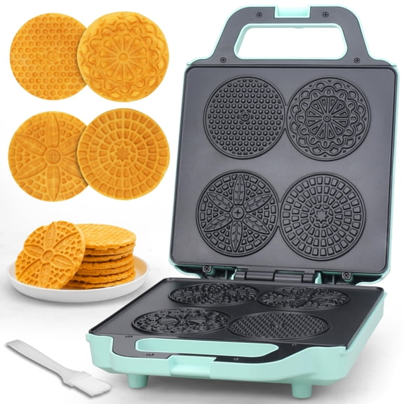 Pizzelle Maker Electric 4 X 3.5" Waffle Cookies For Christmas Baking Supplies Stroopwafel Iron Cookie Machine With Pattern Thin Aqua