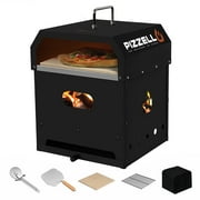 Pizzello 4 in 1 Outdoor Pizza Oven Wood Fired 2-Layer Detachable Outside Ovens with Pizza Stone, Pizza Cutter, Pizza Peel, Cooking Grill Grate - Black