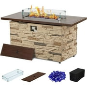 Pizzello Fire Pit Table Propane Outdoor 43" Rectangular Firepit with Lid Glass Wind Guard Bead, Buff