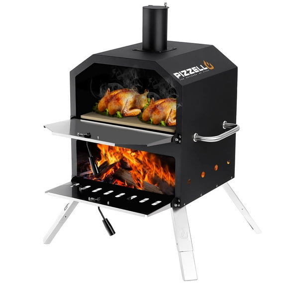 Outdoor Pizza Oven 16" Wood Burning Outside Pizza Maker with Pizza Stone, Pizza Peel, Grill - Black + Silver