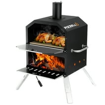 Pizzello Outdoor Pizza Oven 16" Wood Burning Outside Pizza Maker with Pizza Stone, Pizza Peel, Grill - Black + Silver