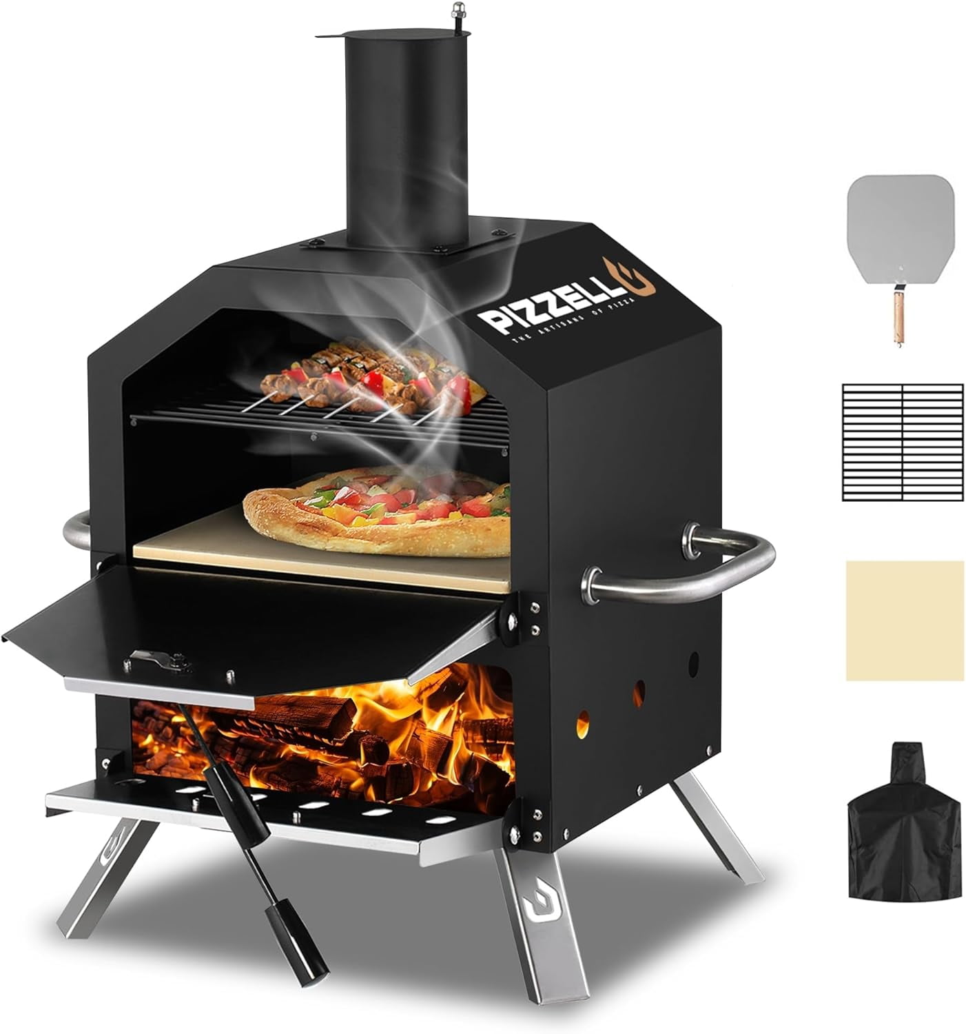 12 Inch Black Wood-Fired Outdoor Pizza Oven with Stone and Peel