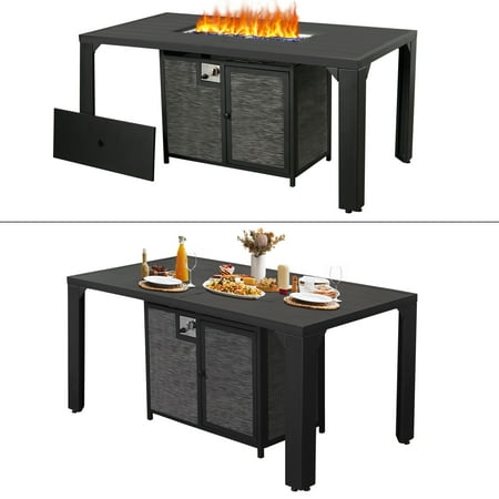 Pizzello Outdoor Rectangular Patio Fire Pit Dining Table 62.5" Propane Firetable with Lid, Black