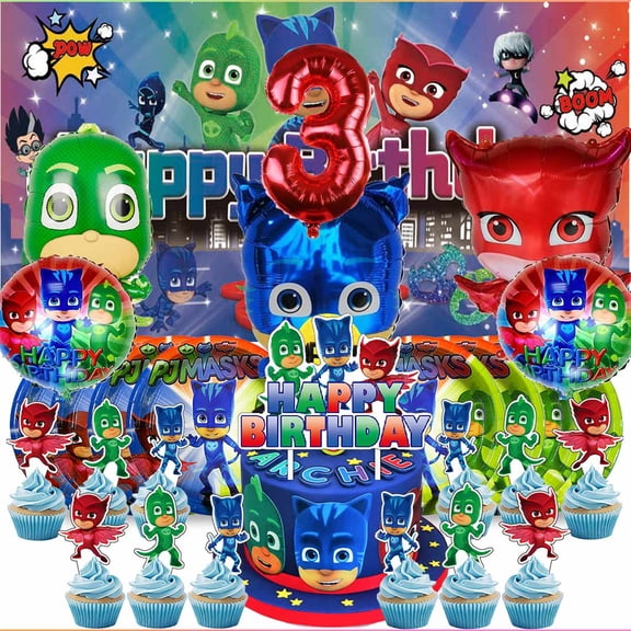 Pj Masks 3rd Tableware Balloons Cake Toppers Backdrop Banner Supplies Party Decor Plates Decorations