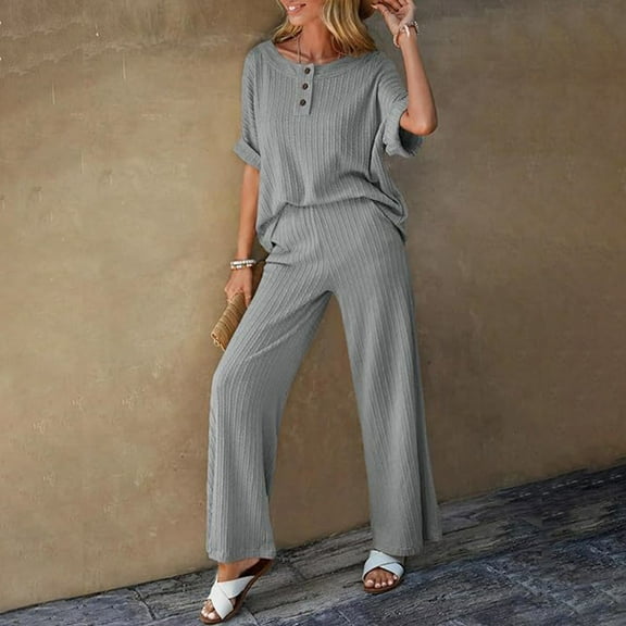 Pj Sets for Woman Beach Outfits for Women Women's Solid Color Round Neck Short Sleeve Tops And Pants Sets With Pockets