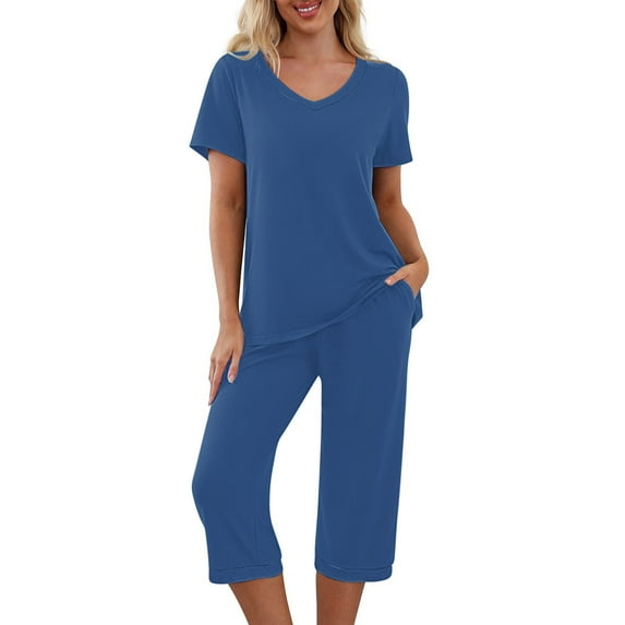 Pj Sets for Women Clearance Sale Solid Color Lounge Sets for Women V Neck Tunic Shirt and Wide Leg Capris Pants Loose Fitting Sleepwear