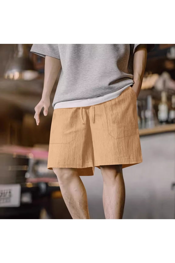 Short for Men Elastic Waist Pocket Drawstring Shorts Solid Color Fashion Loose Fit Weekend Pants Khaki L