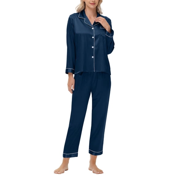 Pjs 2PC Sets for Women Faux Satin Silk Match Casual Two Piece Straight Leg Plain Tops Pants Pajamas Pjs 2PC Sets Women 2026 Trendy