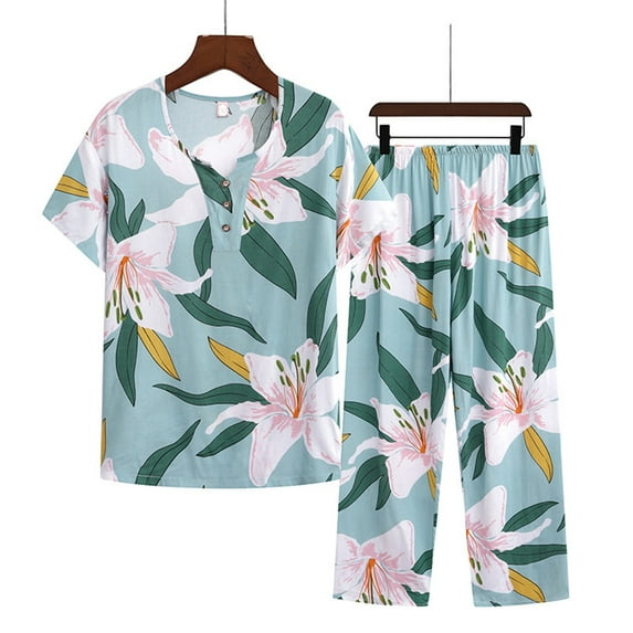 Pjs Sets For Women On Sale Summer Classic Printed Short Sleeve Round Neck Pajama Set Tops Pants Two Piece Set Loungewear Multicolor XXXXL
