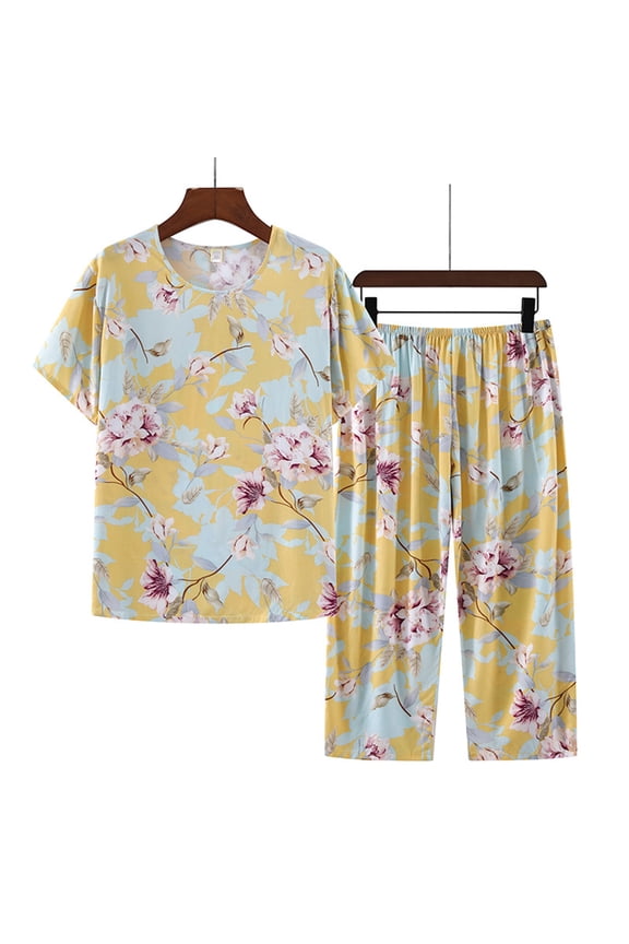 Pjs Sets For Women On Sale Summer Classic Printed Short Sleeve Round Neck Pajama Set Tops Pants Two Piece Set Loungewear Multicolor XXXXL