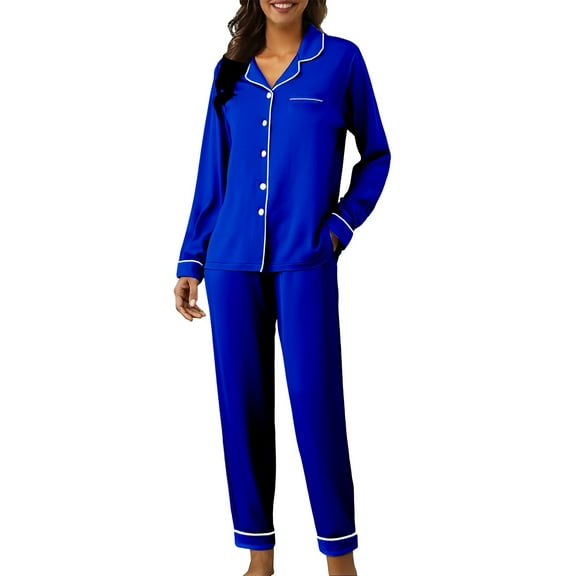 Pjs Sets for Women, Hugcore Cute Pajama Sets for Women Long Sleeve Sleepwear Button Loungewear Soft 2 Piece Set with Pockets Long Pants Fall Pajamas for Women Blue S