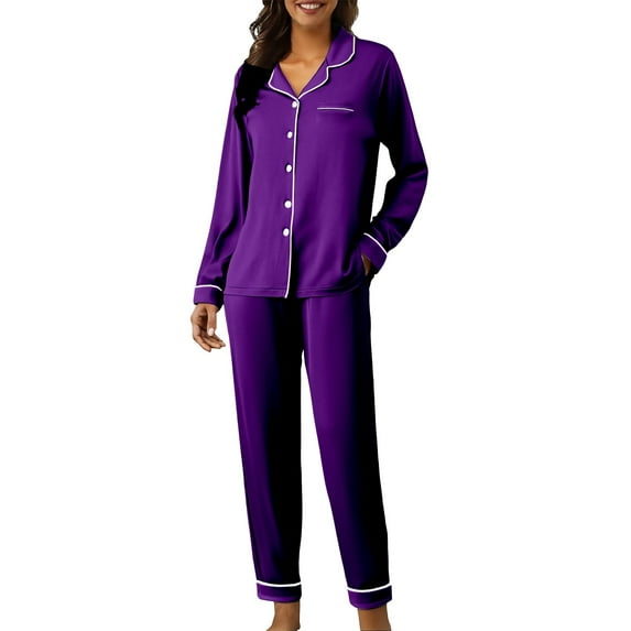 Hugcore Matching Pjs Cute Pajama Sets for Women Long Sleeve Sleepwear Button Loungewear Soft 2 Piece Set with Long Pants Long Sleeve Pajama Set for Women, Purple, M
