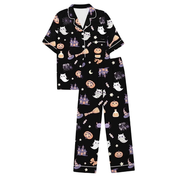 Pjs Sets for Women Simple Lightweight Breathable Halloween Fall Soft 2 Piece Sets Cute Pumpkin Short Sleeve Top With Long Pants Soft Pajama Set Black L