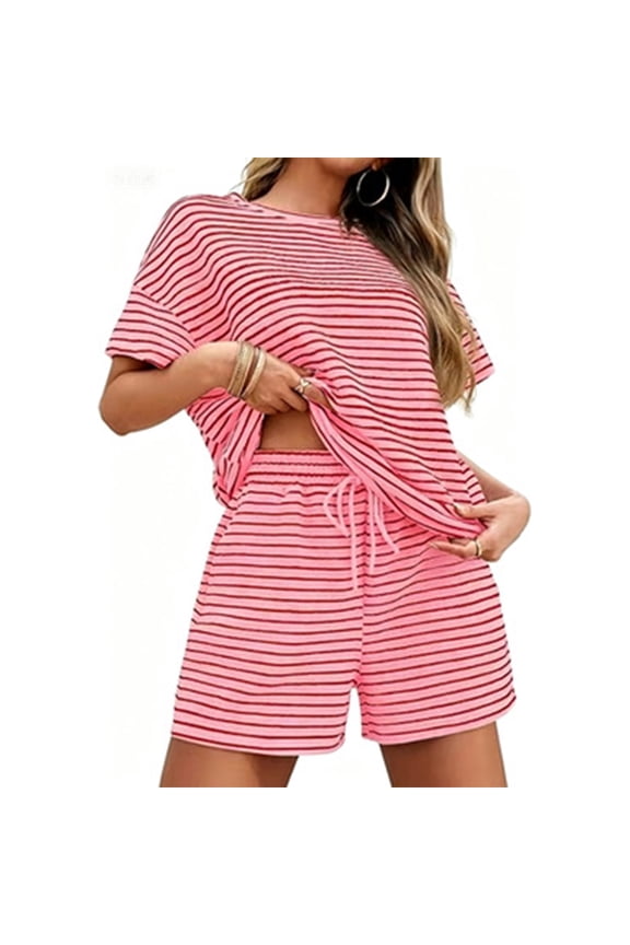 Pjs Sets for Women 2 Piece Striped & Polka Dot Lounge Set Short Sleeve Crew Neck Top & Drawstring Shorts Soft Comzy Summer Pajama Sets