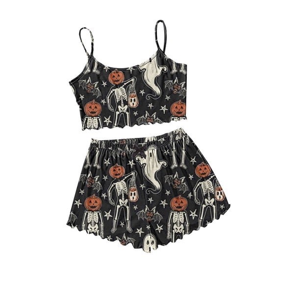 Pjs Sets for Women Comfortable Halloween Skeleton Print Lettuce Trim Top & Shorts Pajamas for Women