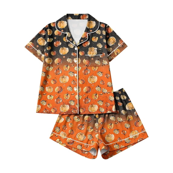 Pjs Sets for Women Halloween-Themed 2 Piece Cute Pumpkin Print Shirts And Shorts Lightweight Soft Pajama Set Gold L