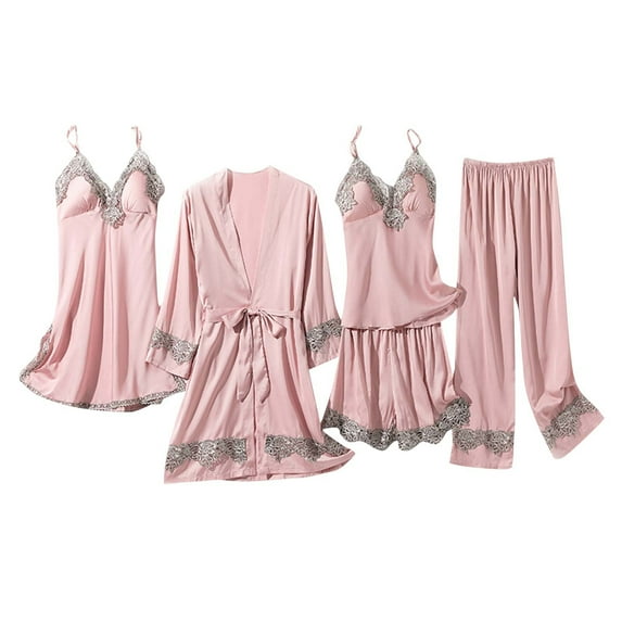 Pjs Women Pjs Sets for Women Pajamas Women's Five Piece Set with Breast Pads Love Rrint Ice Silk Nightgown Nightdress Home Clothes Pajama Set