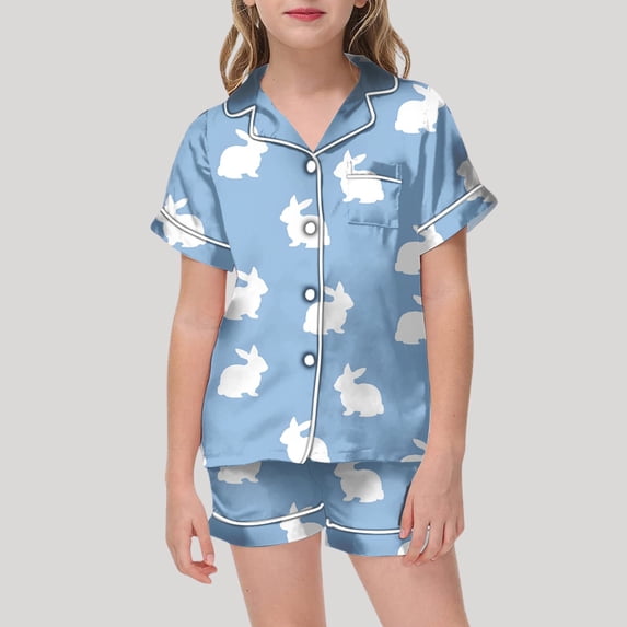 Pjs for Girls Easter Pajamas Toddler Boy Bunny Printed Short Sleeve Button Down Pajama Boys Pajama Set for Girl 12-13 Years