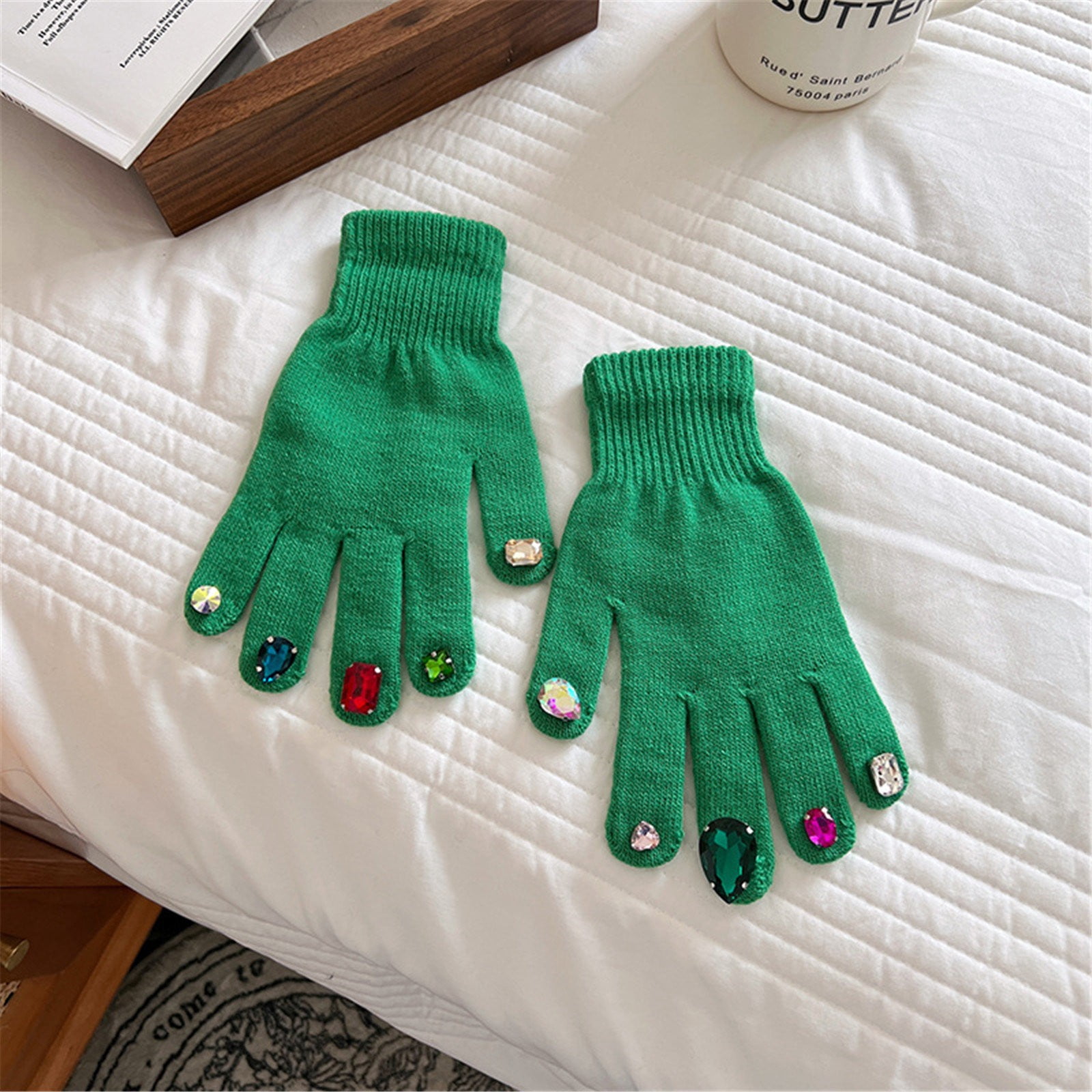 Pjtewawe Easter Heatingwarming Equipment Rhinestone Gloves Korean Color  Rhinestones Gloves Knitting Finger Nail Winter Fashions