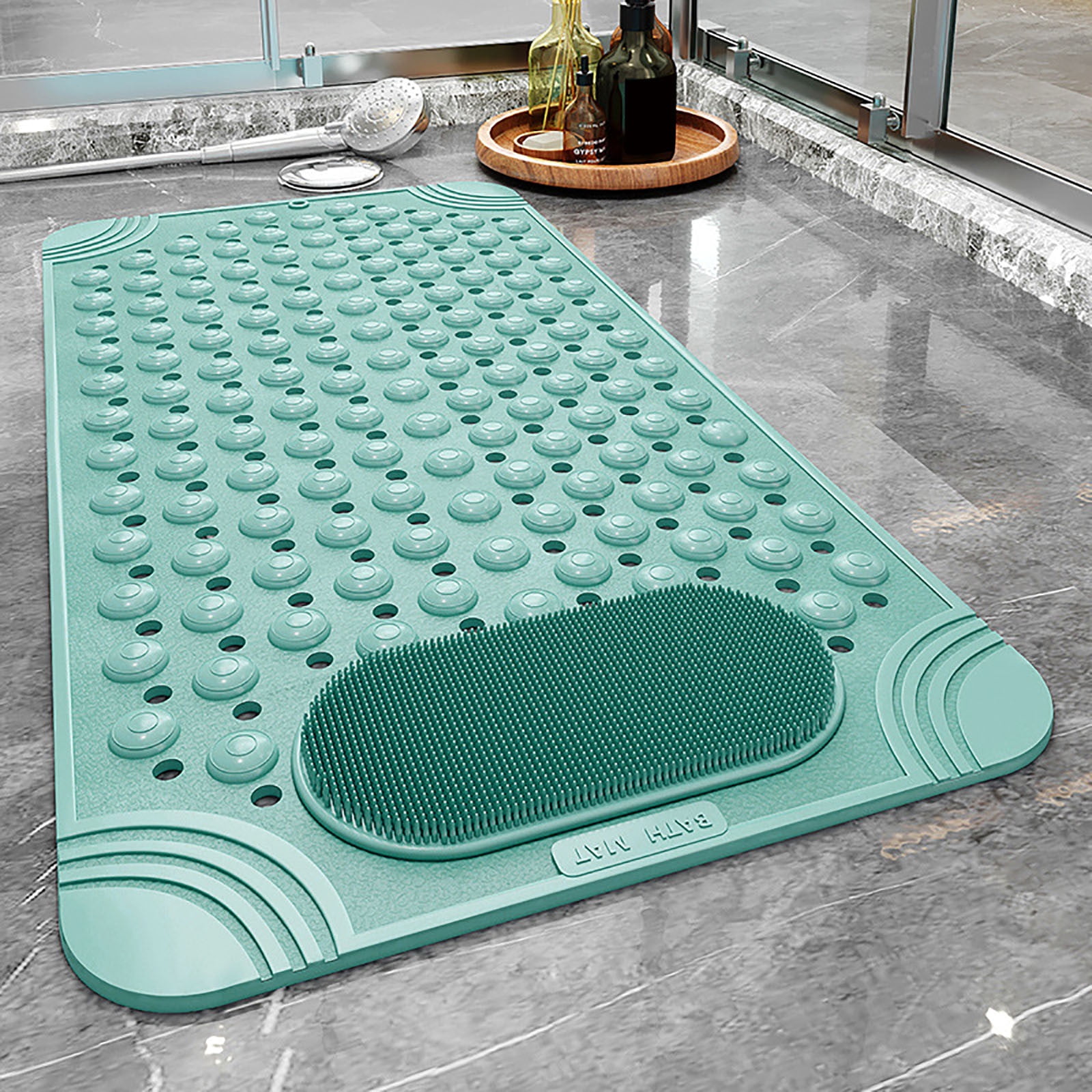 Pjtewawe bathroom products foot scrubber shower mat with pumice feet scrub stone  bathtub mat with antislip suction cups and drain holes non slip bath mat  with a pumice stone for feet massage 