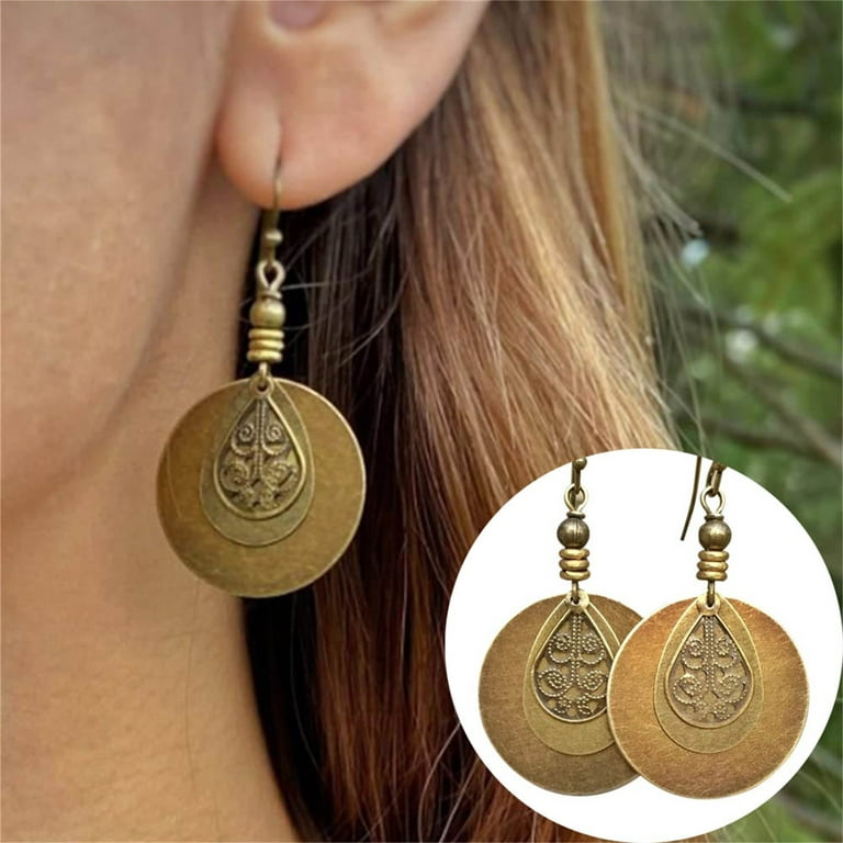 Pjtewawe Body Jewelry Bohemian Retro Ethnic Style Cotton and Linen Women's Accessories Old Bronze Circle Carved Earrings, Size: One size, Clear