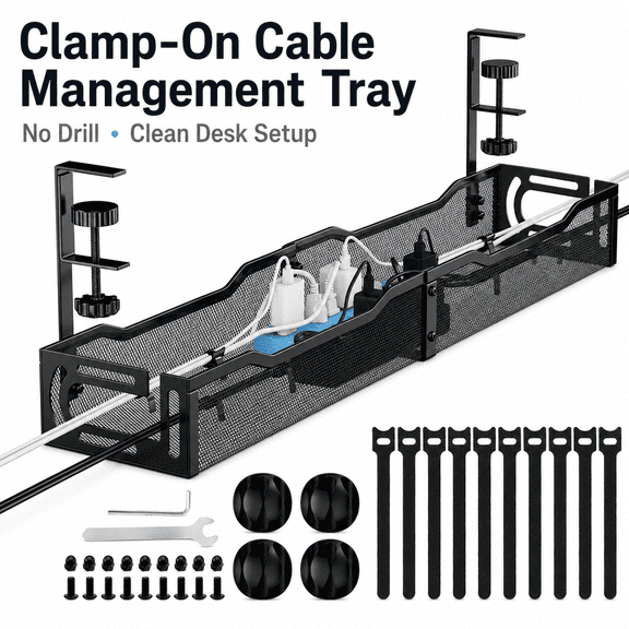 Pkalq 25" Under Desk Cable Management Tray, No Drill Metal Mesh Cord Organizer with Clamp, Black Desk Wire Management Tray for Standing Desk, Home Office and Gaming Desk