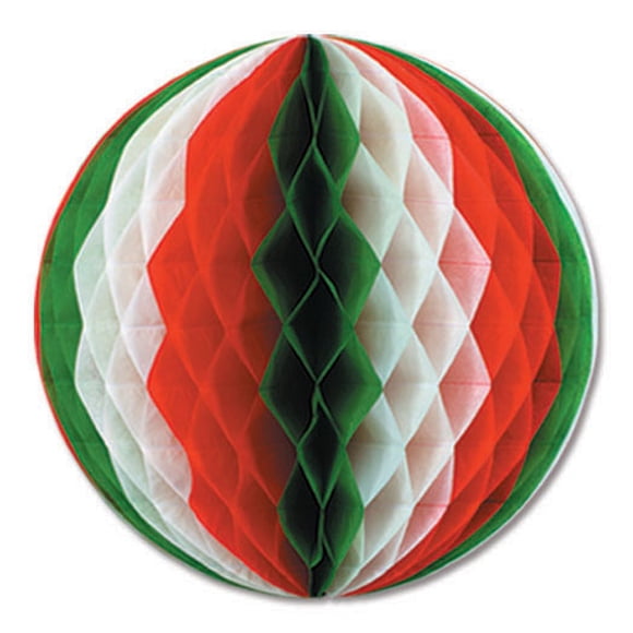 Club Pack of 12 Red, White and Green Honeycomb Hanging Tissue Ball Party Decorations 12"