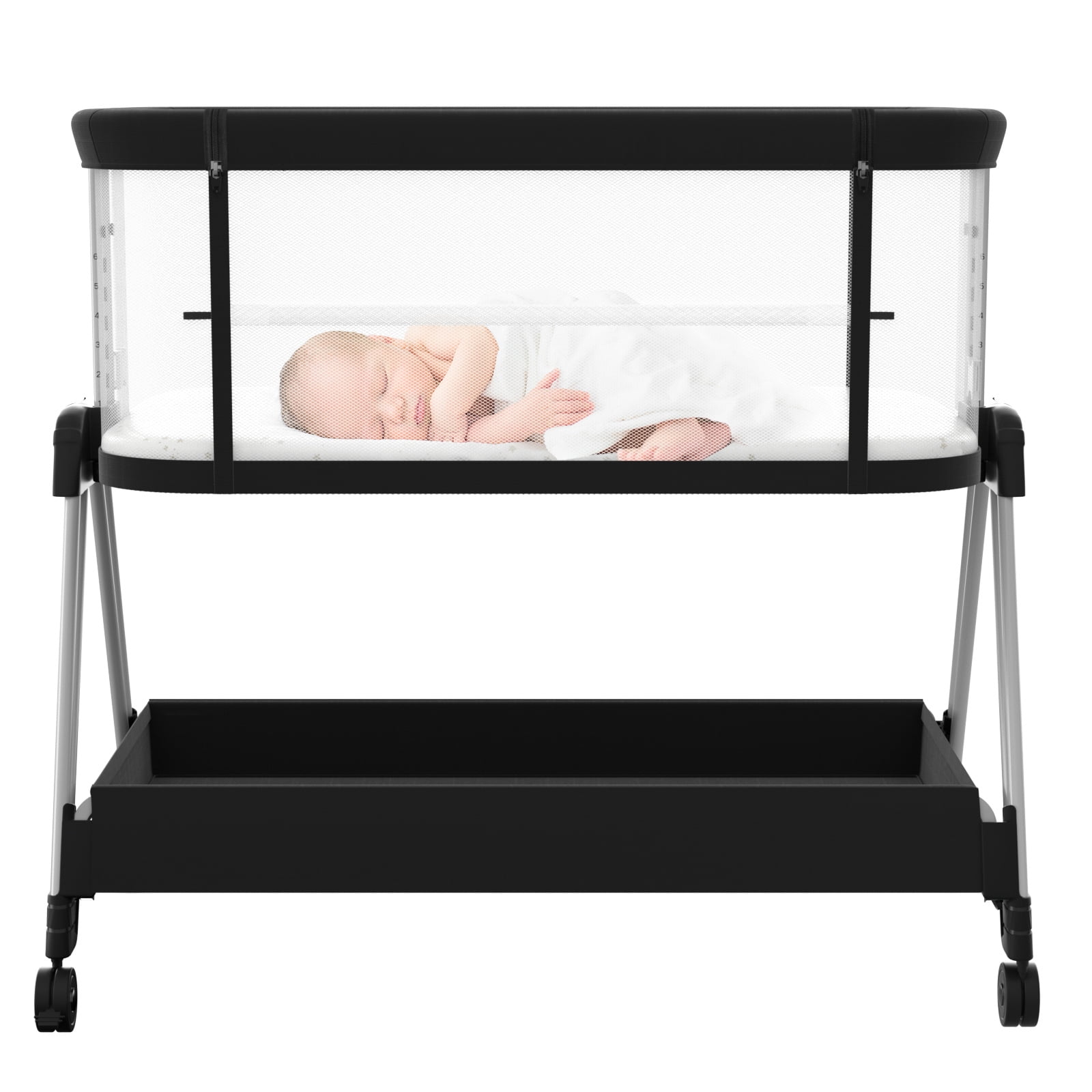 Pkinoicy Black Baby Bedside Sleeper Bedside Crib with Wheels