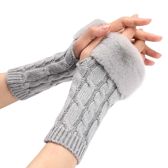 Pklyzj Women Winter Arm Warmer Knitted Stretchy Soft Fingerless Gloves with Faux Fur