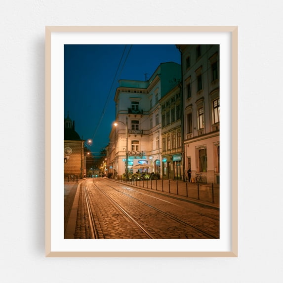 Plac Wszystkich Świętych, Kraków - Kraków Małopolskie Poland Photography Street Photography Architecture City Nightlife Vintage Travel Poster Oak Framed Wall Art Print 9 x 12 inches