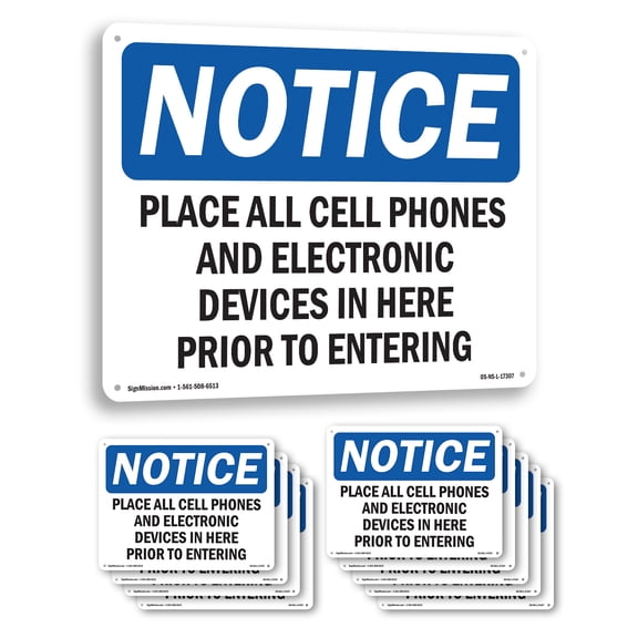 Place All Cell Phones And Electronic Devices OSHA Notice Aluminum Sign 10 Inch x 7 Inch - 10 Pack